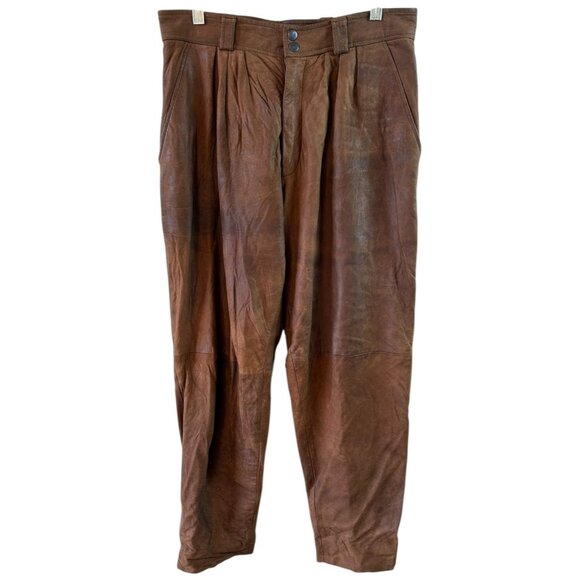 Michael Hoban North Beach Leather Brown Pleated Leather Pants High Rise Tapered